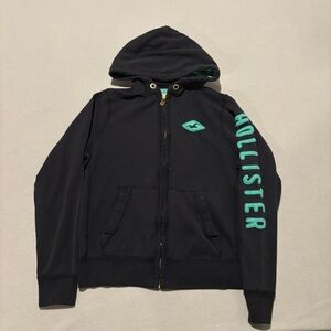 Hollister Zip Up Hoodie Size Medium Black Embroidery Y2K Fall Outdoor Casual